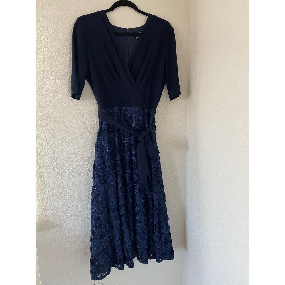 Alex Evenings Women's Tea Length Dress with Rosette Sequins Details Size 10 Navy
